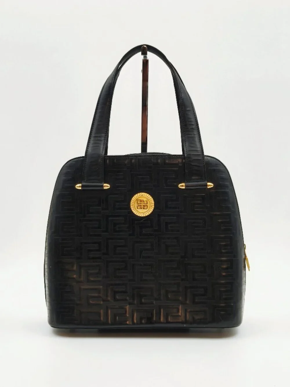 Givenchy Vintage Black Embossed Leather Top Handle Handbag Gold Tone Hardware